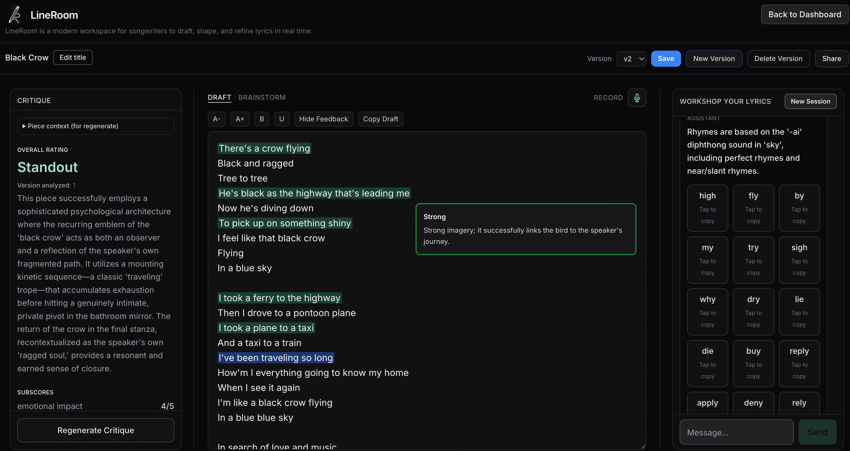 LineRoom editor showing a lyric draft, structured critique, and rhyme workshop